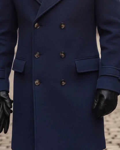 Men's Wool Coat – Blue Double-Breasted Longline - Blue detail