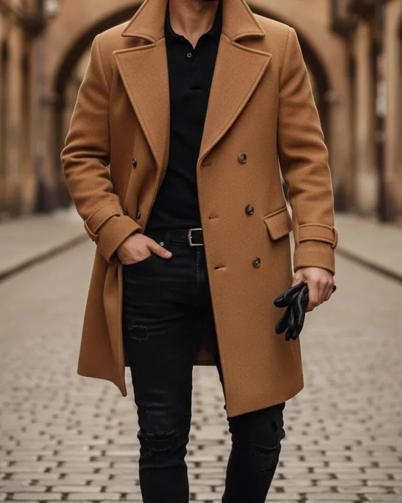 Men's Wool Coat – Blue Double-Breasted Longline - Brown detail