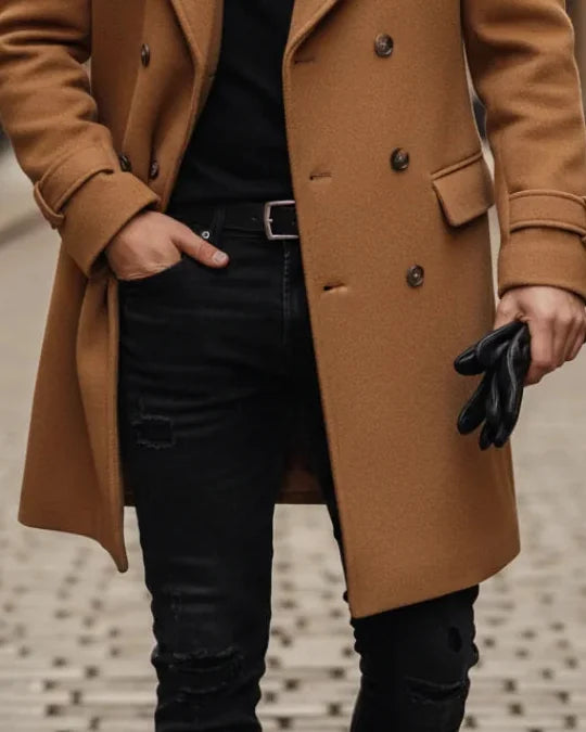Men's Wool Coat – Blue Double-Breasted Longline - Brown detail