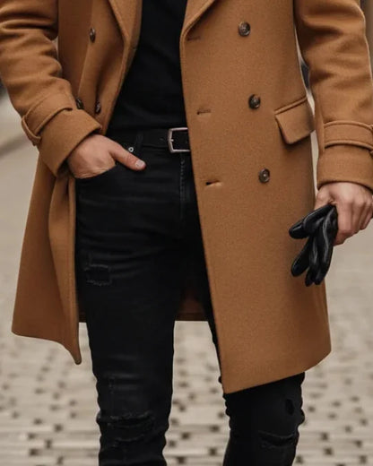 Men's Wool Coat – Blue Double-Breasted Longline - Brown detail