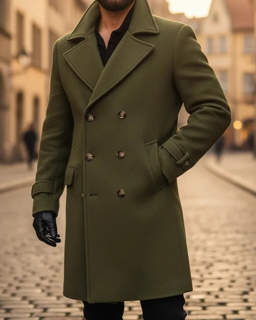 Men's Wool Coat – Blue Double-Breasted Longline - Green detail