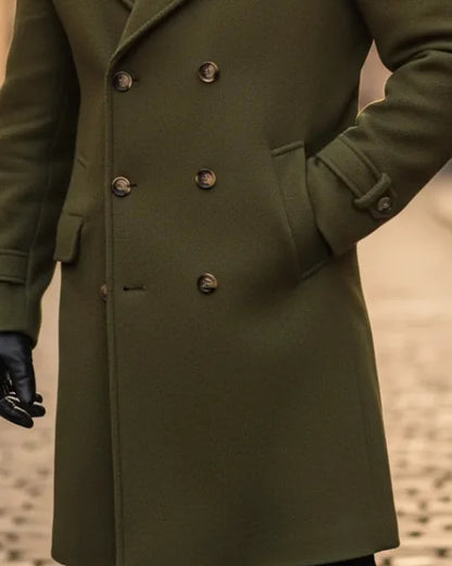 Men's Wool Coat – Blue Double-Breasted Longline - Green detail