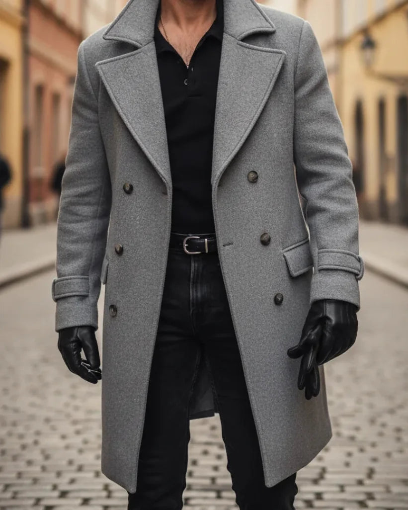Men's Wool Coat – Blue Double-Breasted Longline - Grey detail