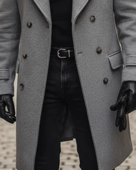 Men's Wool Coat – Blue Double-Breasted Longline - Grey detail