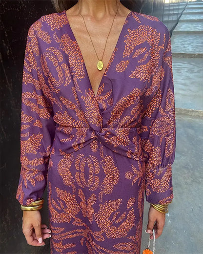 Printed Twist Front Long Sleeve Midi Dress - Purple
