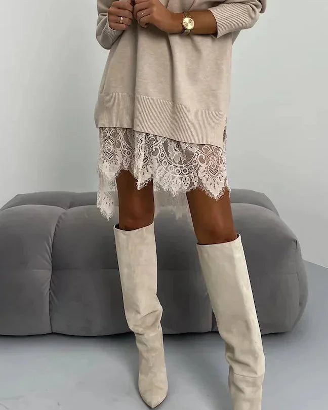 Sweater Dress – Apricot Oversized Mini Lace Hem - Apricot detail