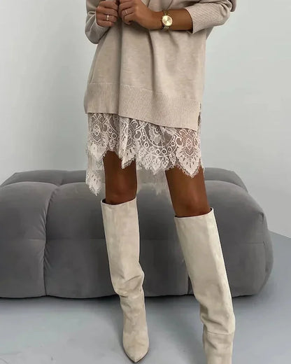 Sweater Dress – Apricot Oversized Mini Lace Hem - Apricot detail