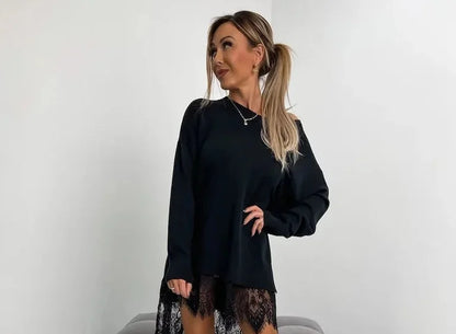 Sweater Dress – Apricot Oversized Mini Lace Hem - Black detail