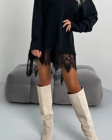 Sweater Dress – Apricot Oversized Mini Lace Hem - Black detail
