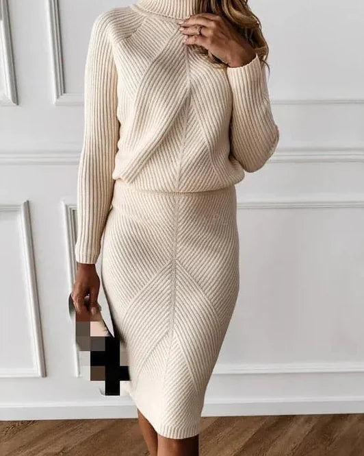 Sweater Dress – Black Mock Neck Midi - Beige detail