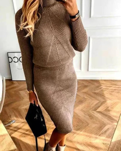 Sweater Dress – Black Mock Neck Midi - Brown detail