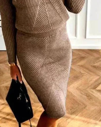 Sweater Dress – Black Mock Neck Midi - Brown detail
