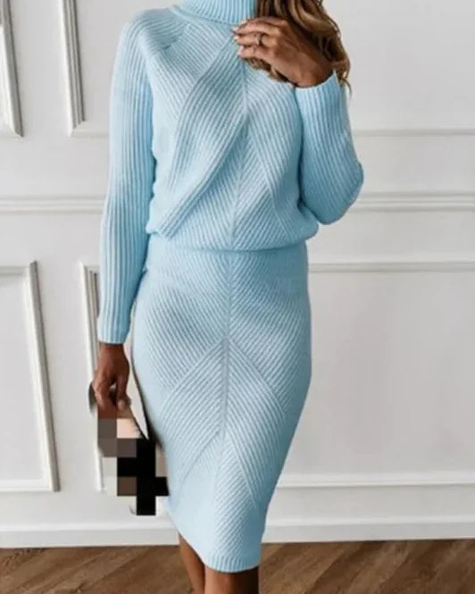 Sweater Dress – Black Mock Neck Midi - Light Blue detail