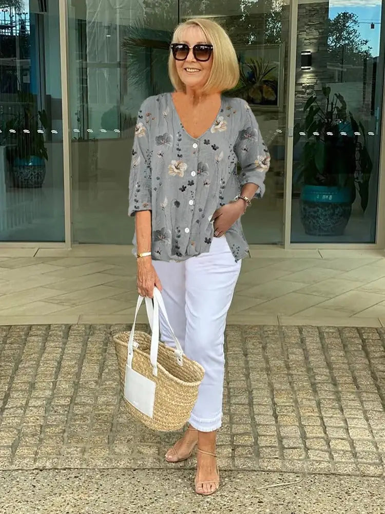 V-Neck Three-Quarter Sleeve Printed Blouse - Gray