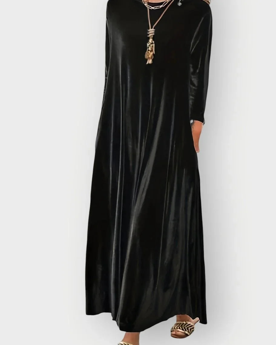 Velvet Dress – Burgundy Long Sleeve Maxi - Black detail