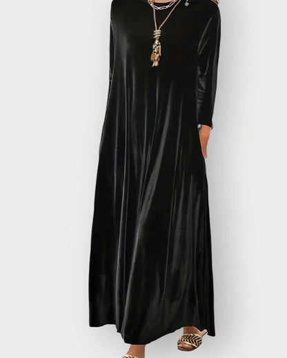Velvet Dress – Burgundy Long Sleeve Maxi - Black detail