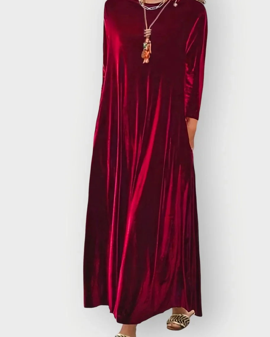 Velvet Dress – Burgundy Long Sleeve Maxi - Burgundy detail