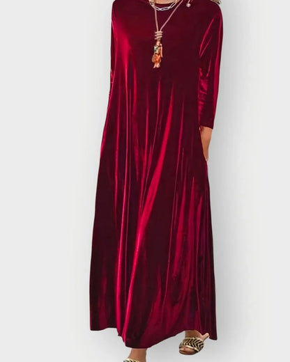 Velvet Dress – Burgundy Long Sleeve Maxi - Burgundy detail