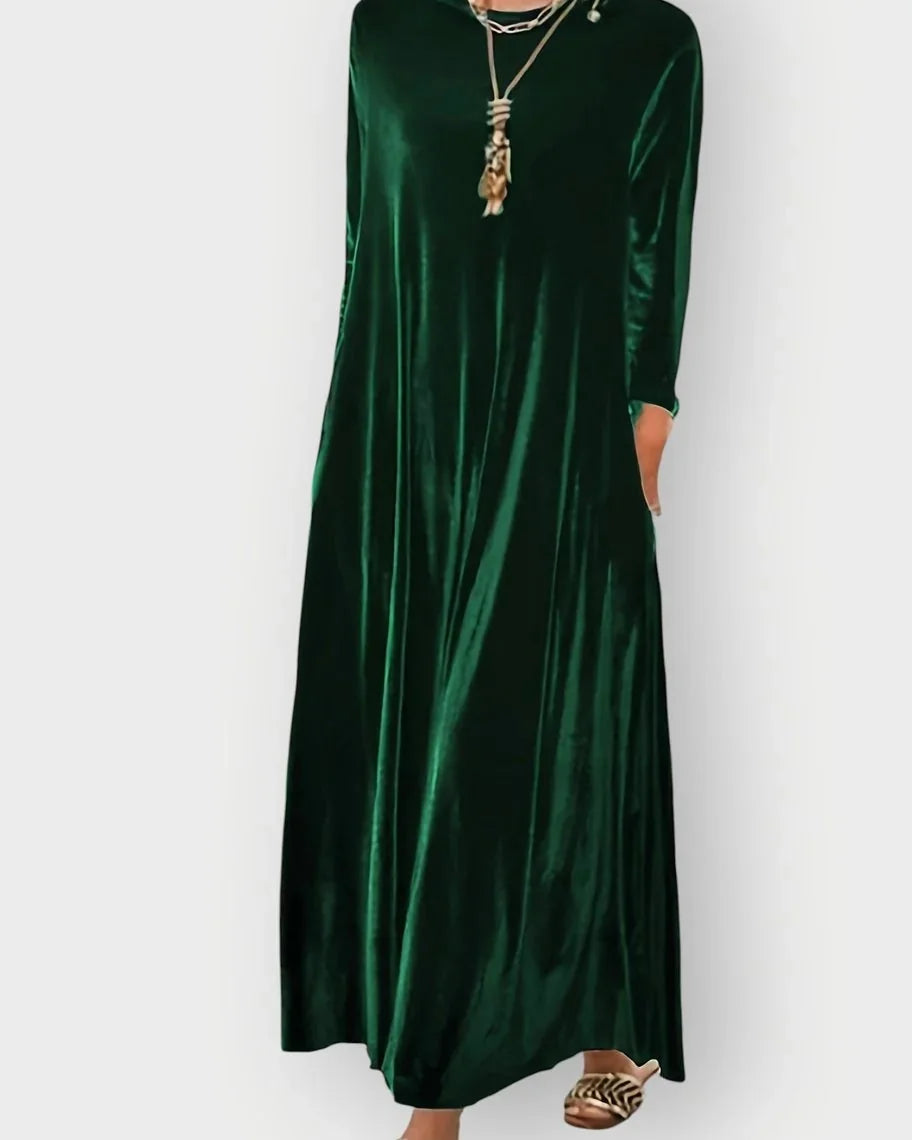 Velvet Dress – Burgundy Long Sleeve Maxi - Dark Green detail