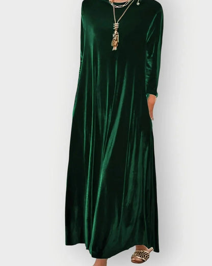 Velvet Dress – Burgundy Long Sleeve Maxi - Dark Green detail