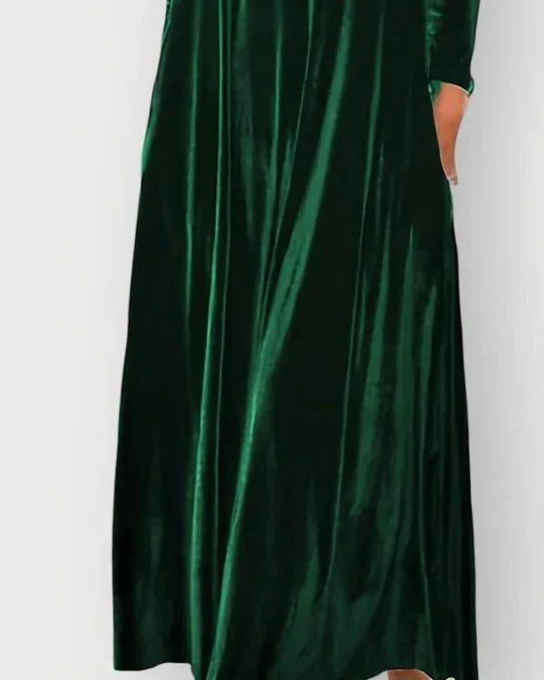 Velvet Dress – Burgundy Long Sleeve Maxi - Dark Green detail