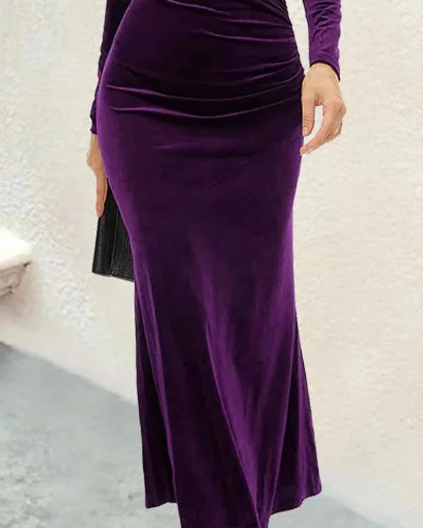 Velvet Dress – Red V-Neck Ruched Midi - Purple detail