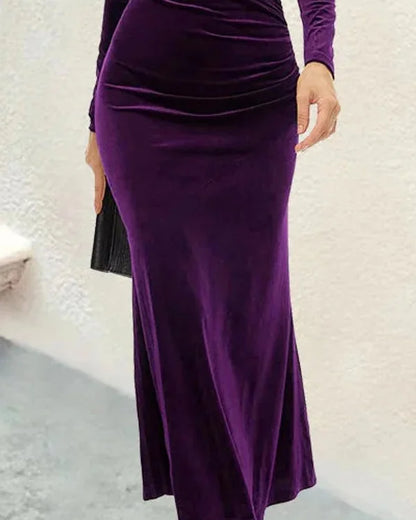Velvet Dress – Red V-Neck Ruched Midi - Purple detail