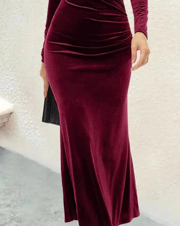 Velvet Dress – Red V-Neck Ruched Midi - Red detail