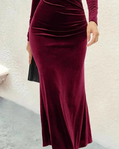 Velvet Dress – Red V-Neck Ruched Midi - Red detail