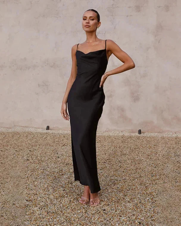 Wedding Guest Dress – Black Cowl Neck Satin Maxi - Black detail