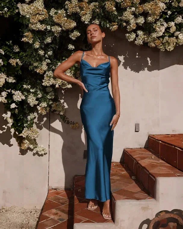 Wedding Guest Dress – Black Cowl Neck Satin Maxi - Blue detail