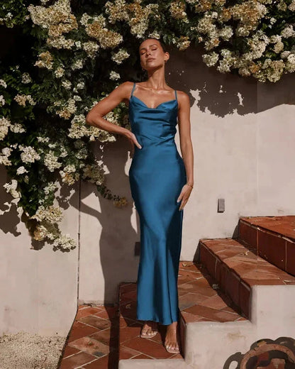 Wedding Guest Dress – Black Cowl Neck Satin Maxi - Blue detail