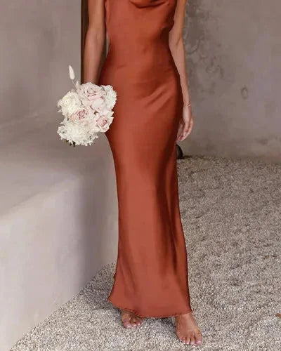 Wedding Guest Dress – Black Cowl Neck Satin Maxi - Bronze detail