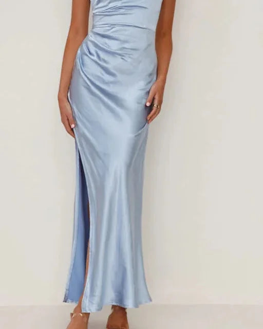 Wedding Guest Dress – Black Pleated Maxi - Blue detail