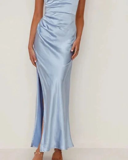 Wedding Guest Dress – Black Pleated Maxi - Blue detail