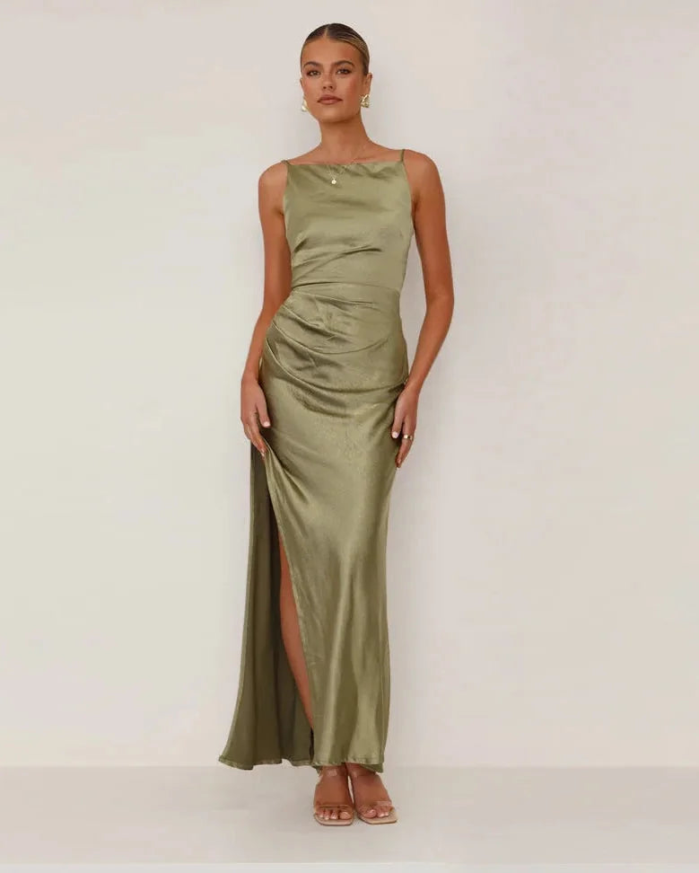 Wedding Guest Dress – Black Pleated Maxi - Green detail
