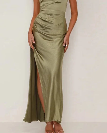 Wedding Guest Dress – Black Pleated Maxi - Green detail