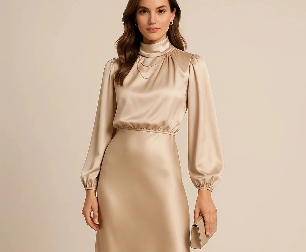 Wedding Guest Dress – Black Roll Neck Satin Midi - Apricot detail