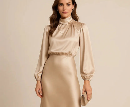 Wedding Guest Dress – Black Roll Neck Satin Midi - Apricot detail