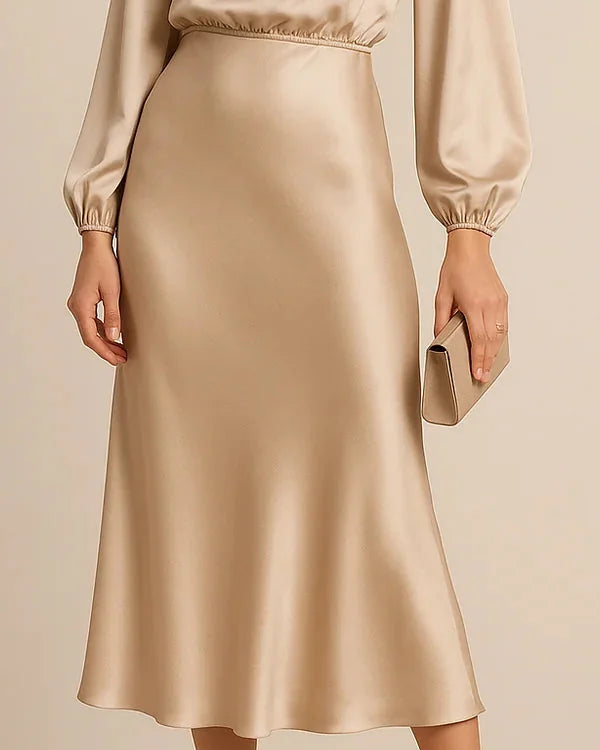 Wedding Guest Dress – Black Roll Neck Satin Midi - Apricot detail