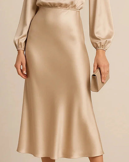 Wedding Guest Dress – Black Roll Neck Satin Midi - Apricot detail