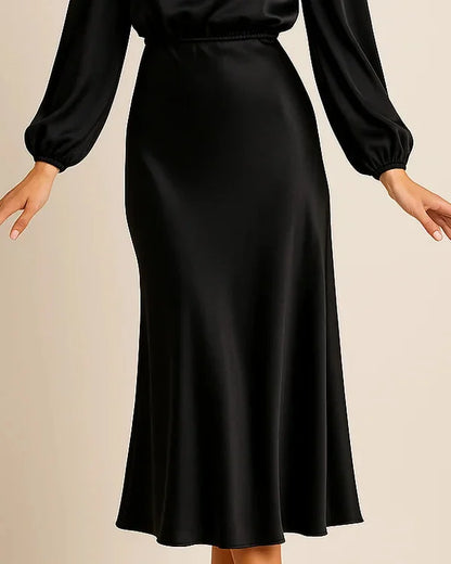 Wedding Guest Dress – Black Roll Neck Satin Midi - Black detail