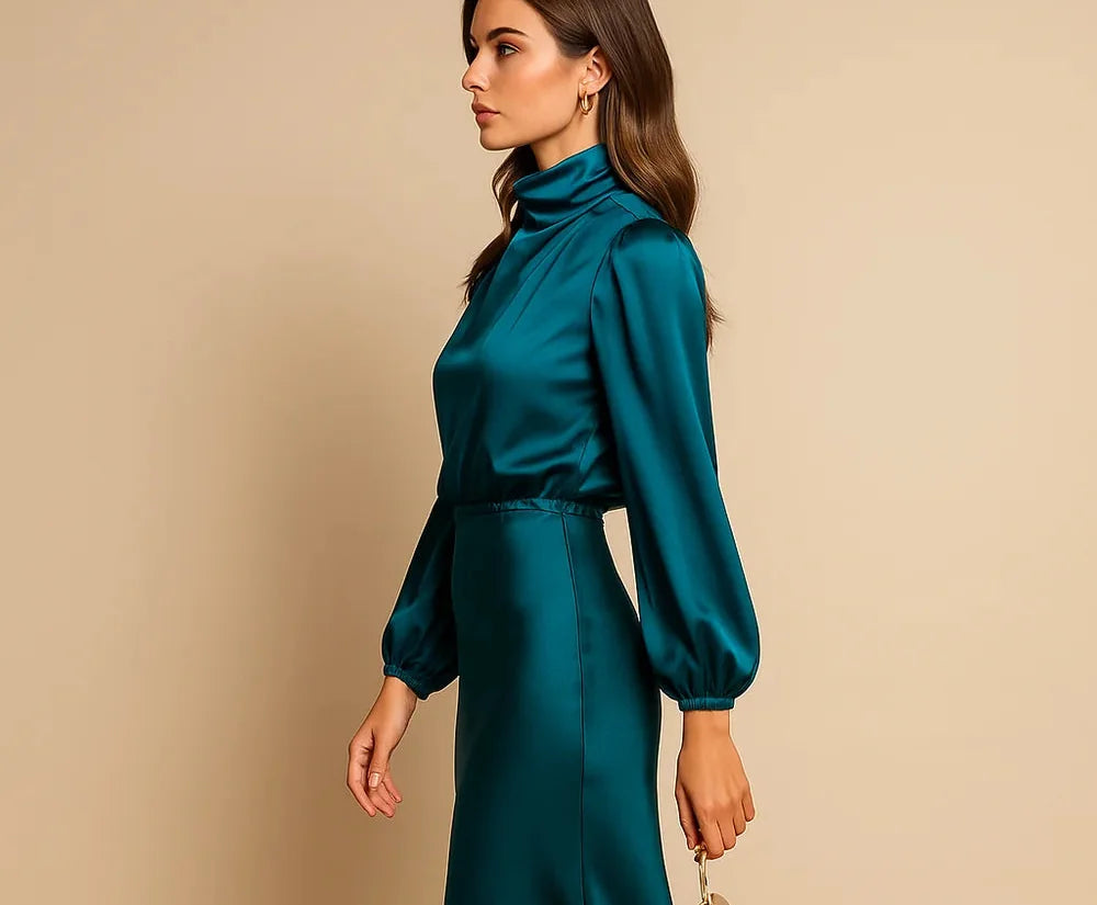 Wedding Guest Dress – Black Roll Neck Satin Midi - Blue detail