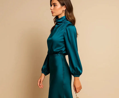Wedding Guest Dress – Black Roll Neck Satin Midi - Blue detail
