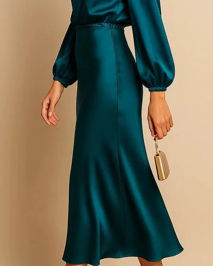 Wedding Guest Dress – Black Roll Neck Satin Midi - Blue detail