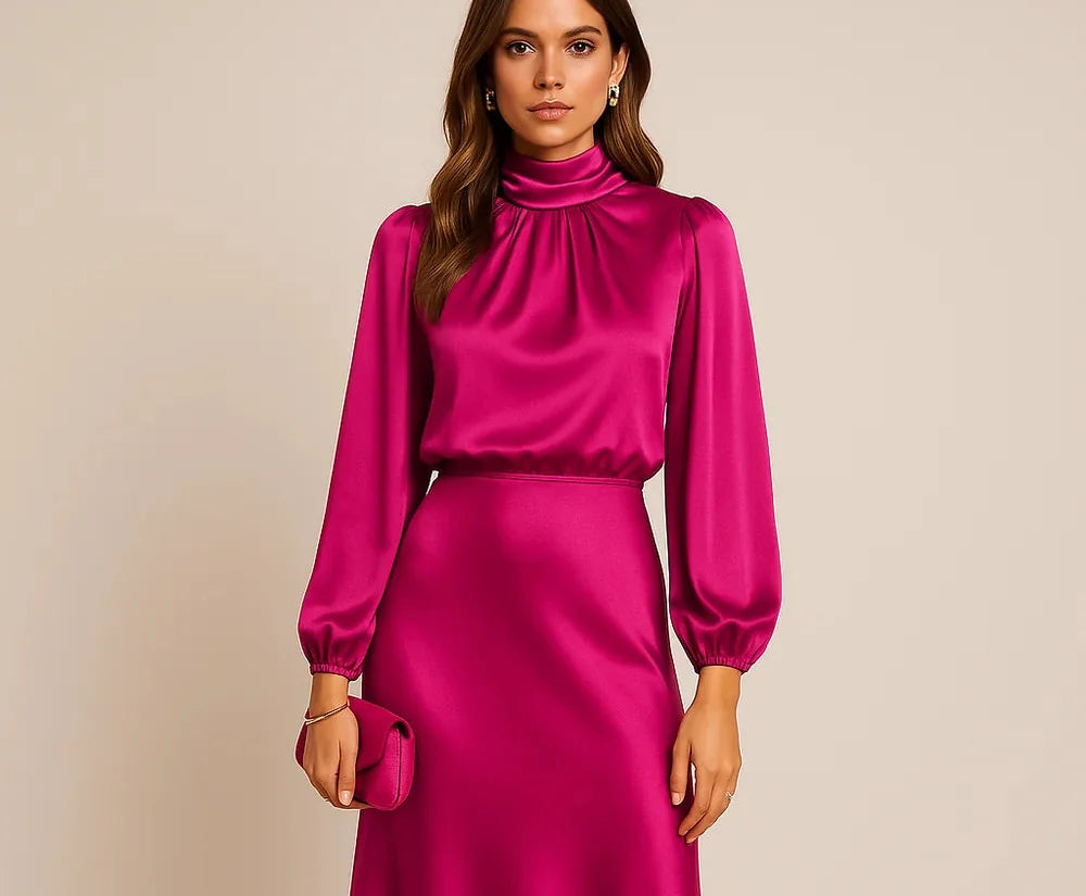 Wedding Guest Dress – Black Roll Neck Satin Midi - Pink detail