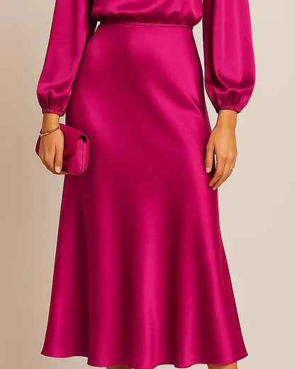 Wedding Guest Dress – Black Roll Neck Satin Midi - Pink detail