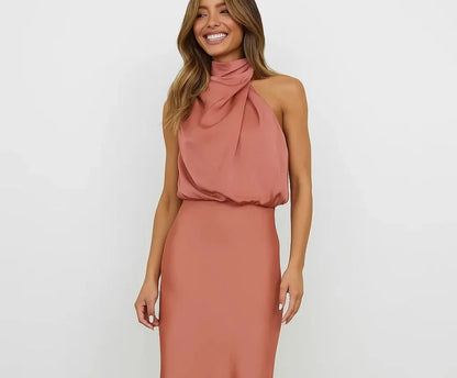 Wedding Guest Dress – Dark Red Halter Satin Maxi - Apricot detail