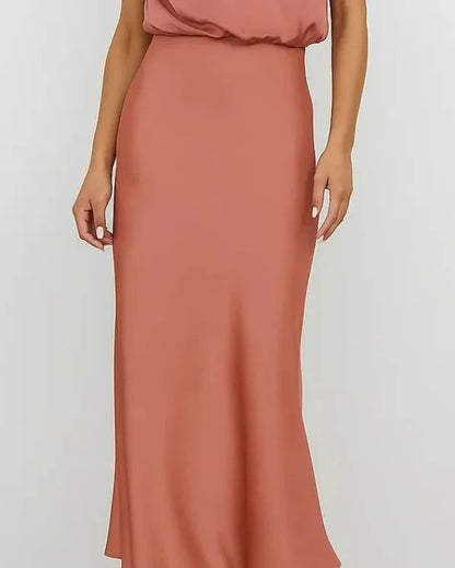 Wedding Guest Dress – Dark Red Halter Satin Maxi - Apricot detail