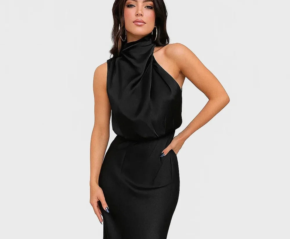 Wedding Guest Dress – Dark Red Halter Satin Maxi - Black detail